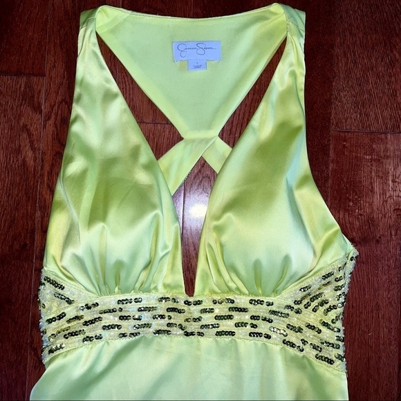 Jessica Simpson beaded halter satin full length dress in sulphur spring - Picture 1 of 11